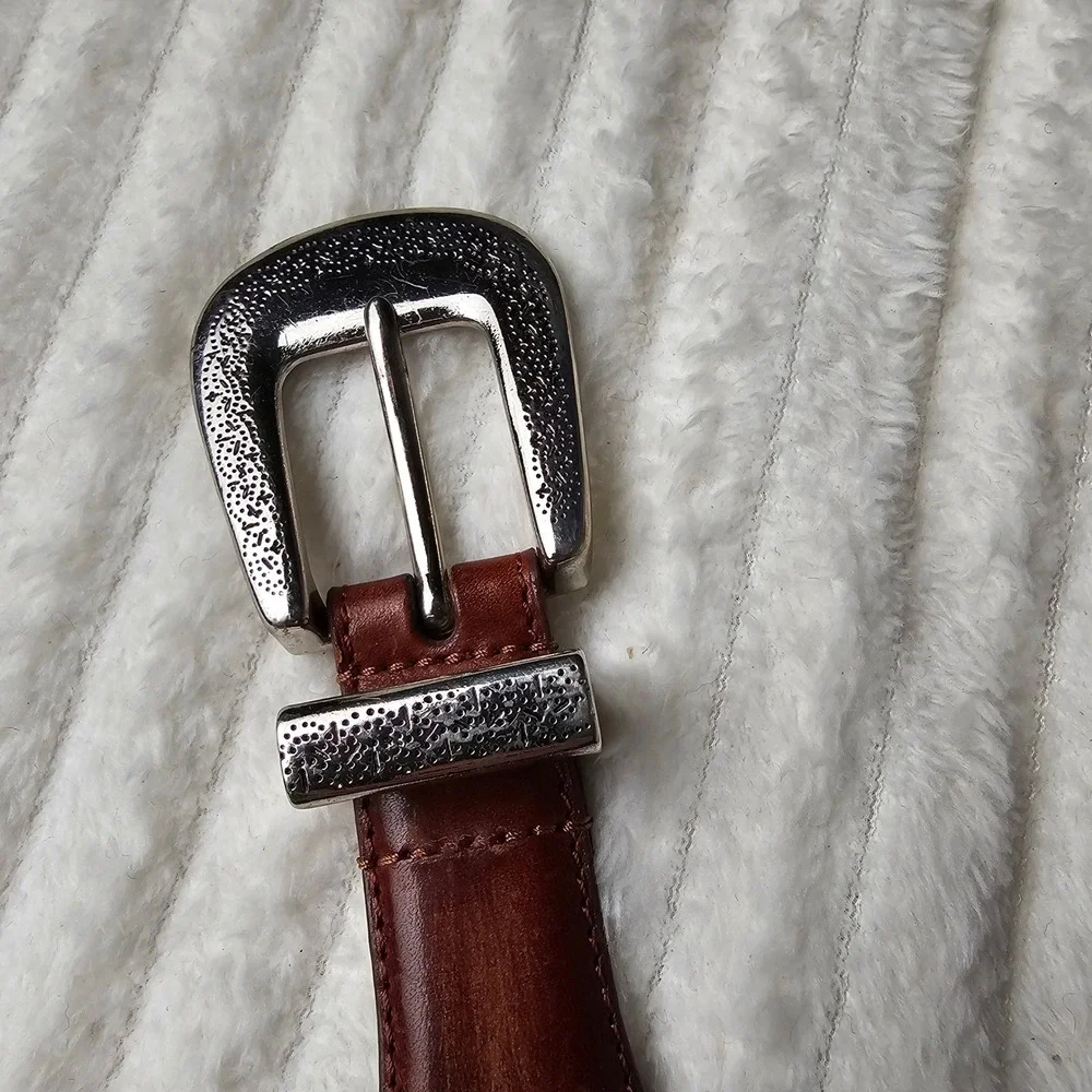 Silver Concho Engraved Buckle Top Grain Leather Belt 36 Brown Western Cowboy